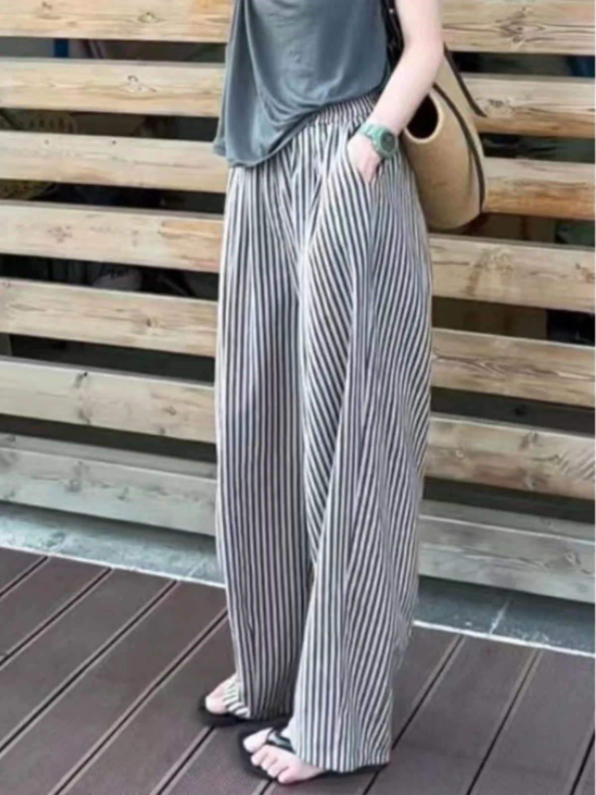 Pantalon coréen à jambes larges pour femmes, fin, ample, amincissant, élastique, taille haute, droit, décontracté, Long, été