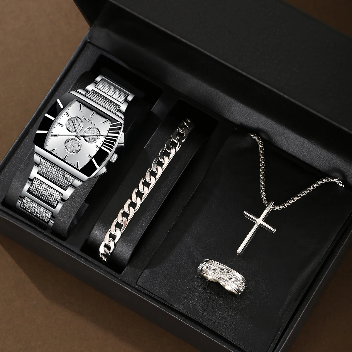 Men's fashion business style square dial alloy quartz watch + cross three-piece