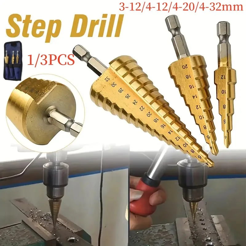 3PCS Step Drill Sets 3-12/4-12/4-20/4-32mm HSS Straight Groove Hex Shank Titanium Coated Step Drill Bit in Cloth Bag Set Tools