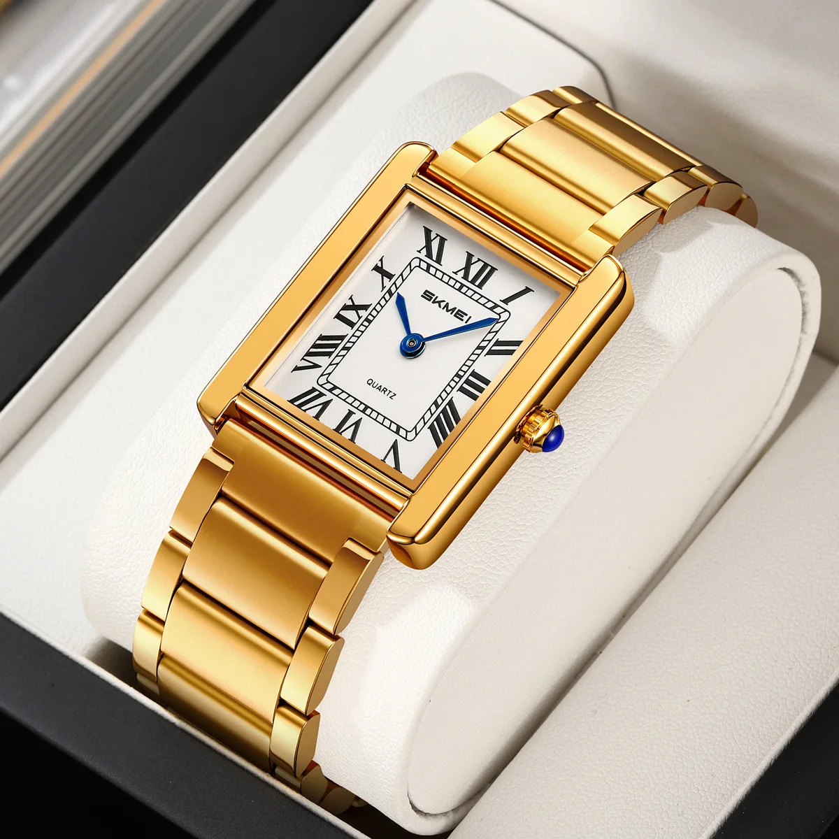 Retro Square Women's Quartz Watch with Roman Numerals Steel Band Waterproof and Pin Buckle Wristwatch