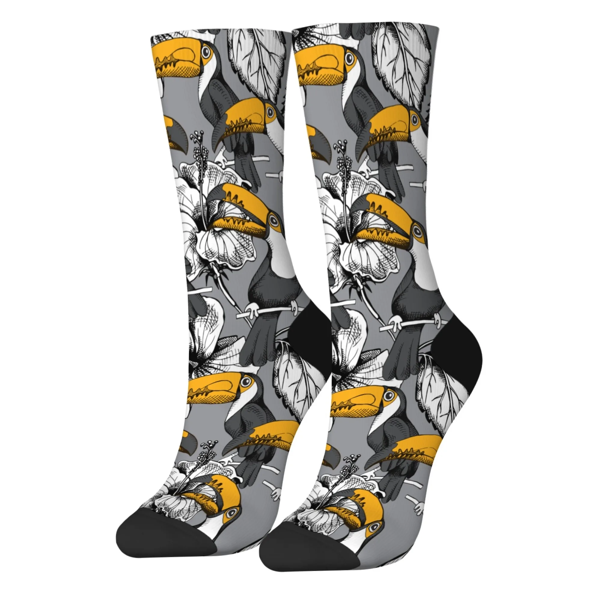 Cartoon Floral Happy Toucan Socks Retro Fashion Men's Socks Novelty Funny Compression Socks Street Casual Sports Hip-Hop Socks