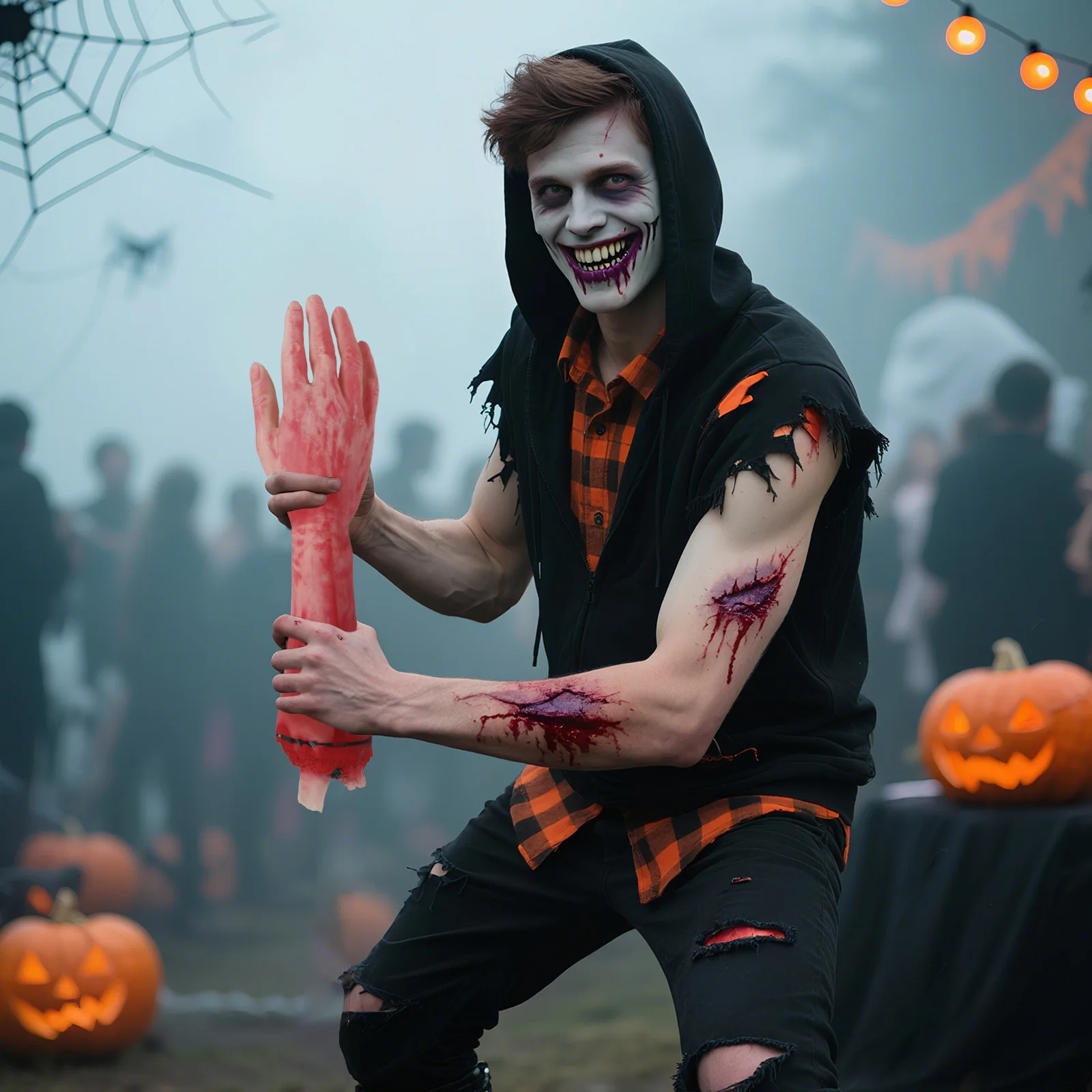 دعامة ذراع بشري لليد المزيفة الدموية، جزء جسم ميت واقعي من الأطراف المقطوعة لتزيين حفلات الهالوين