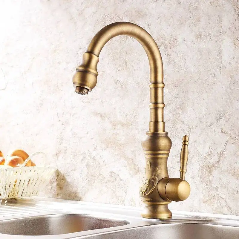 온수 냉수 겸용 싱크 믹서 탭 황동 360도 회전 욕실 수도꼭지 앤티크 주방 수도꼭지 데크 장착형 싱글 핸들