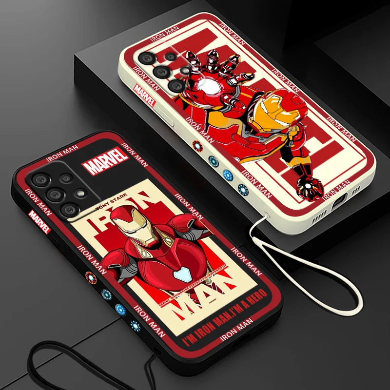 Funda de teléfono con logotipo de Iron Man para Samsung, carcasa con cuerda líquida izquierda, compatible con los vengadores, A73, A53, A33, A52, A32, A71, A51, A21S, A50, A30, 5G