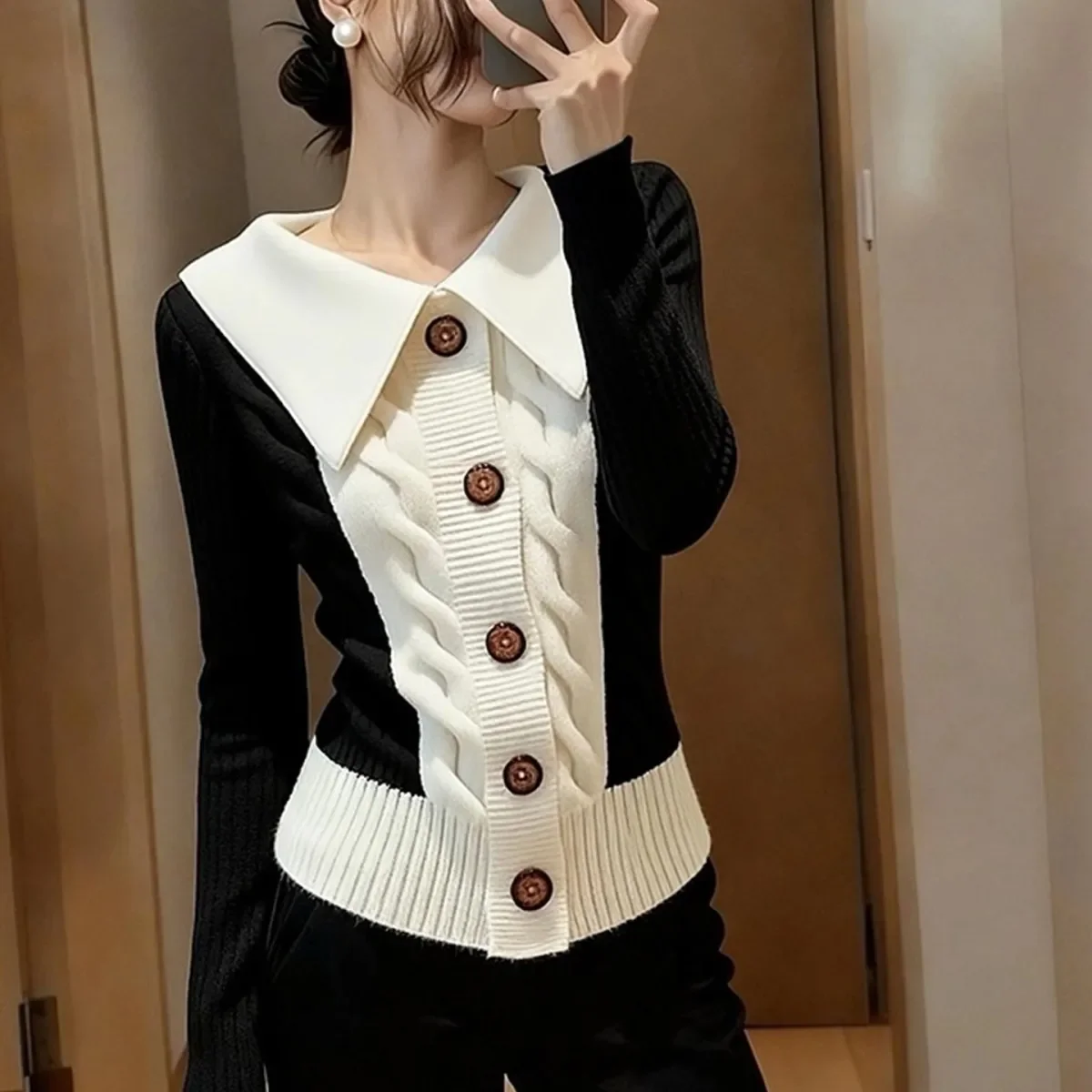 

Contrast Color Cardigan Sweater Women's Outer Wear Autumn Winter New Lapel Fashion Stitching Long Sleeve Waist Chic Sweater Tops