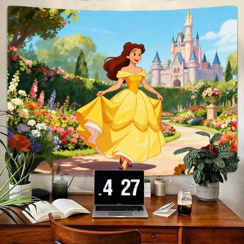 

1PC Disney Princess Belle Tapestry, Beauty and the Beast Yellow Gown Castle Garden Wall Art Aesthetic Room Decor Girl Gift Polye