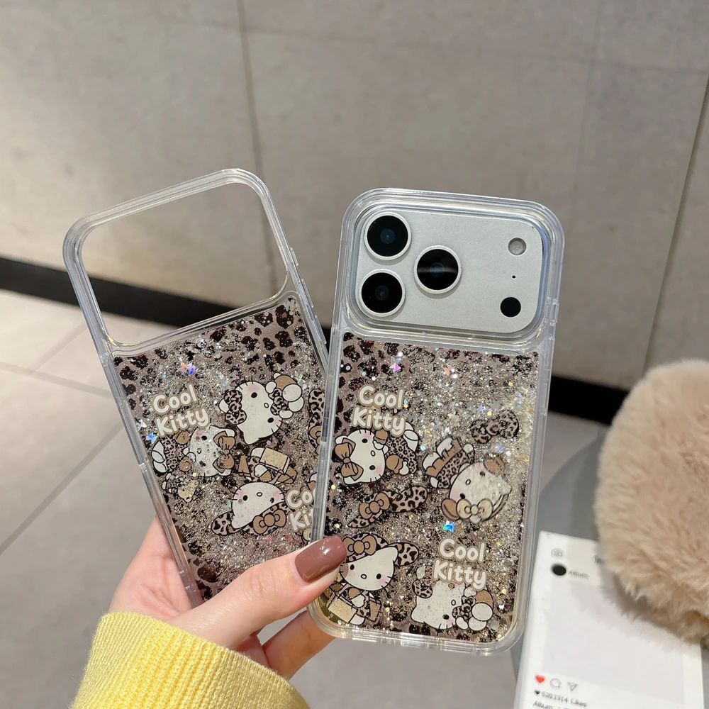 

Милый мультяшный чехол Sanrio Hello Kitty с леопардовым принтом и жидким глиттером для iPhone 17 16 15 14 13 Pro Max, прозрачный жесткий чехол