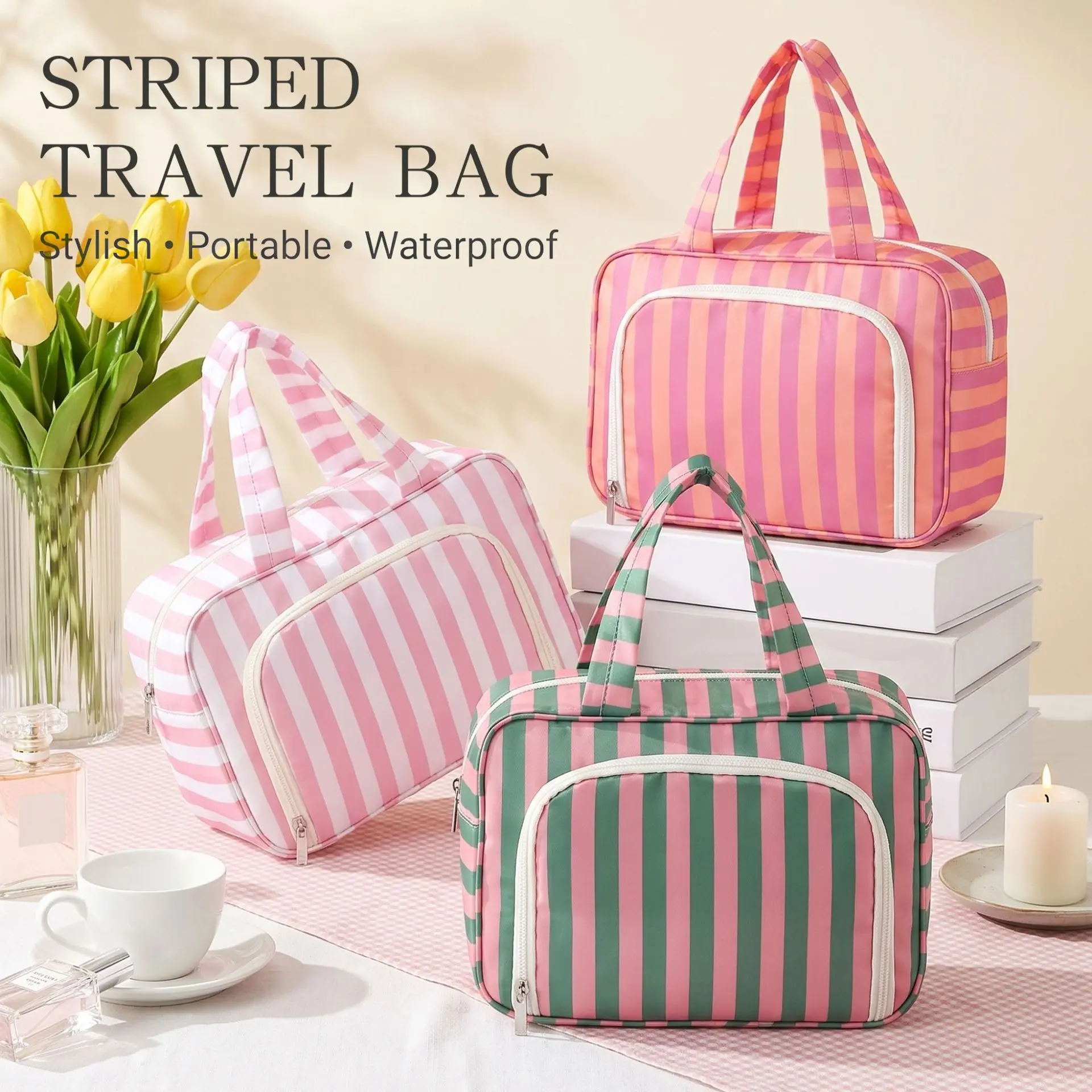 Striped Hand Wash Bag Waterproof Cosmetic Bag Multi-compartment Storage Bag Travel Skin Care Bag Portable Bath Storage Bag
