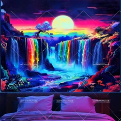 Blacklight Waterfall Moon Tapestry Black Light Neon UV Reactive Tapestry Landscape Wave Wall Hanging Home Decor Aesthetic Poster