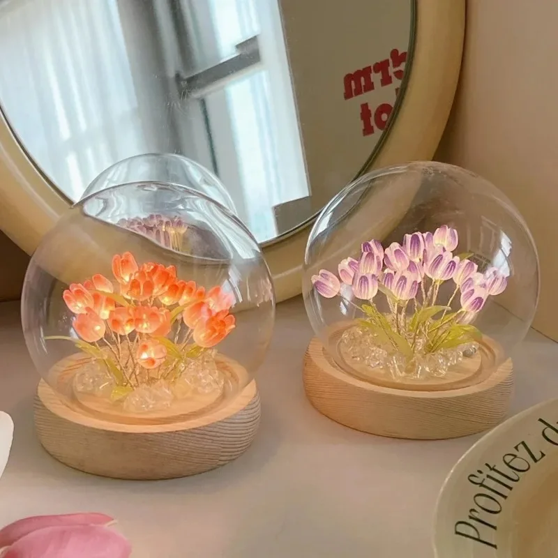 Night Light Ornaments Handmade DIY Bedside Artificial Tulip Flower LED Night Lamp Bedroom Desk Decor Birthday Gifts Table Lamp