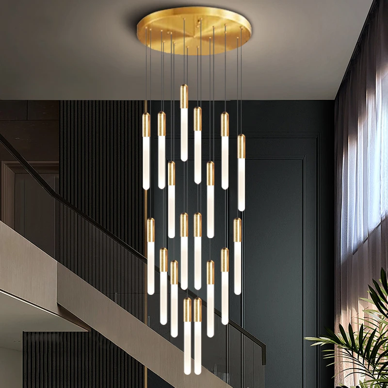 LED Pillar Chandelier Modern Minimalist Gold Living Room Pendant Lamp Villa Restaurant Pendant Lamp Long Staircase Chandelier