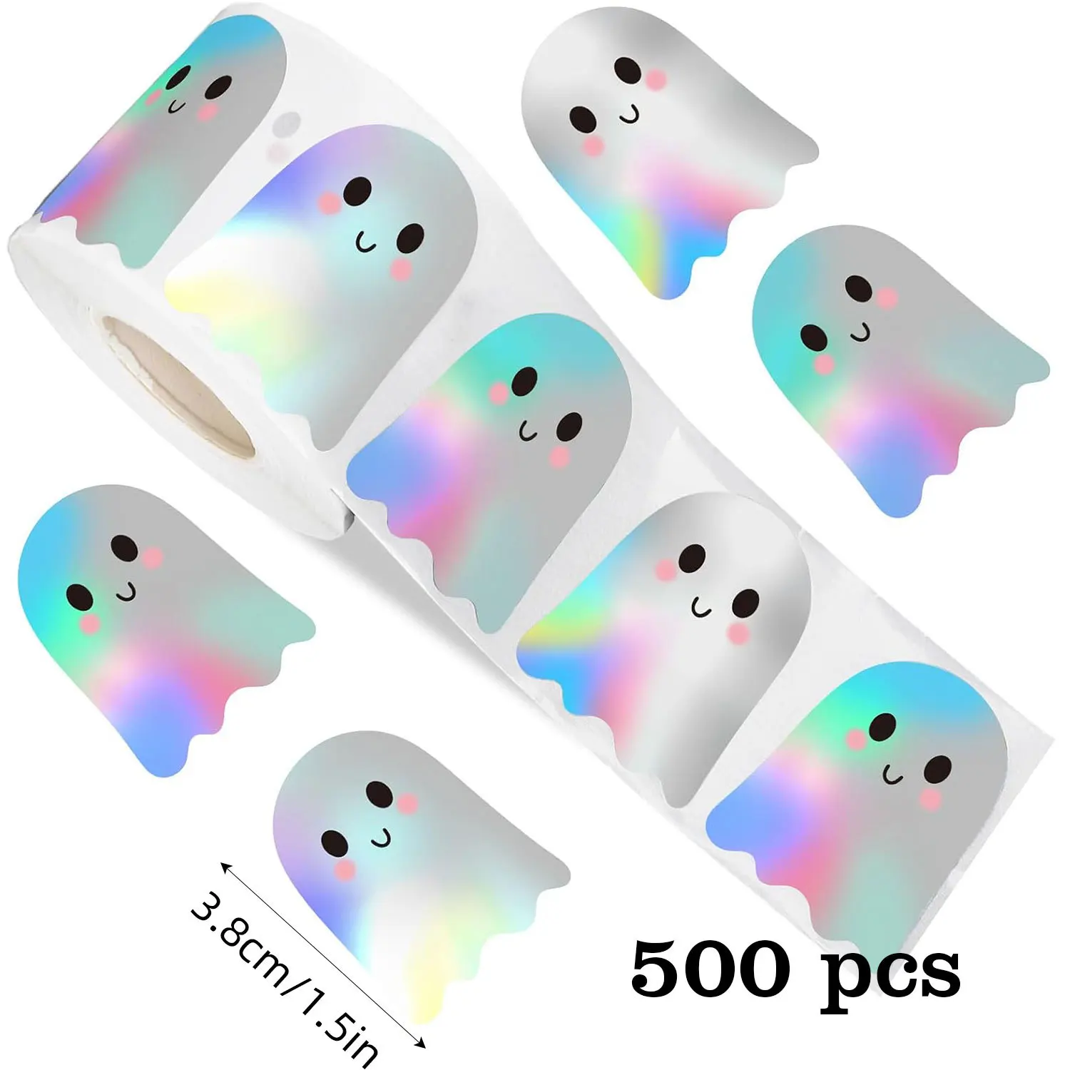 JCAC 500 autocollants holographiques découpés en forme de fantômes pour Halloween, 1,5 po, décorations de fête, autocollants adhésifs