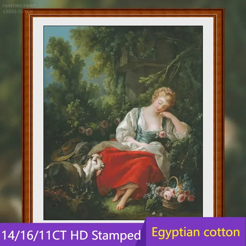 [ZZ7188-Oil Painting Garden Lady] Printed Cross Stitch Kit 11CT 14CT 16CT, Creative Needlework Project, Cotton Threads