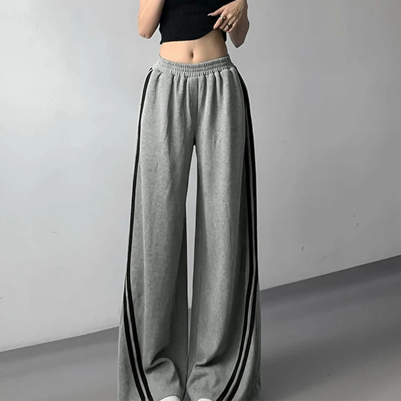 

Striped Pants Women Summer Hip Hop Casual Streetwear Fashion Basic Straight Trousers Ladies Solid Loose High Waist Long Pants