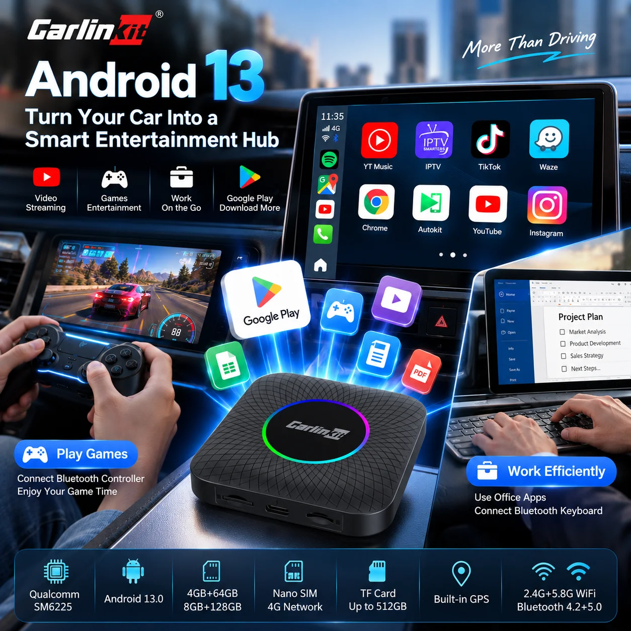 Carlinkit Android 13 AI Box für kabelgebundene CarPlay-Fahrzeuge zu kabellosem CarPlay, kabelloser Android Auto Adapter, 4GB+64GB, 8GB+128GB, Google Play für Netflix, YouTube, für TK, Dual Bluetooth,