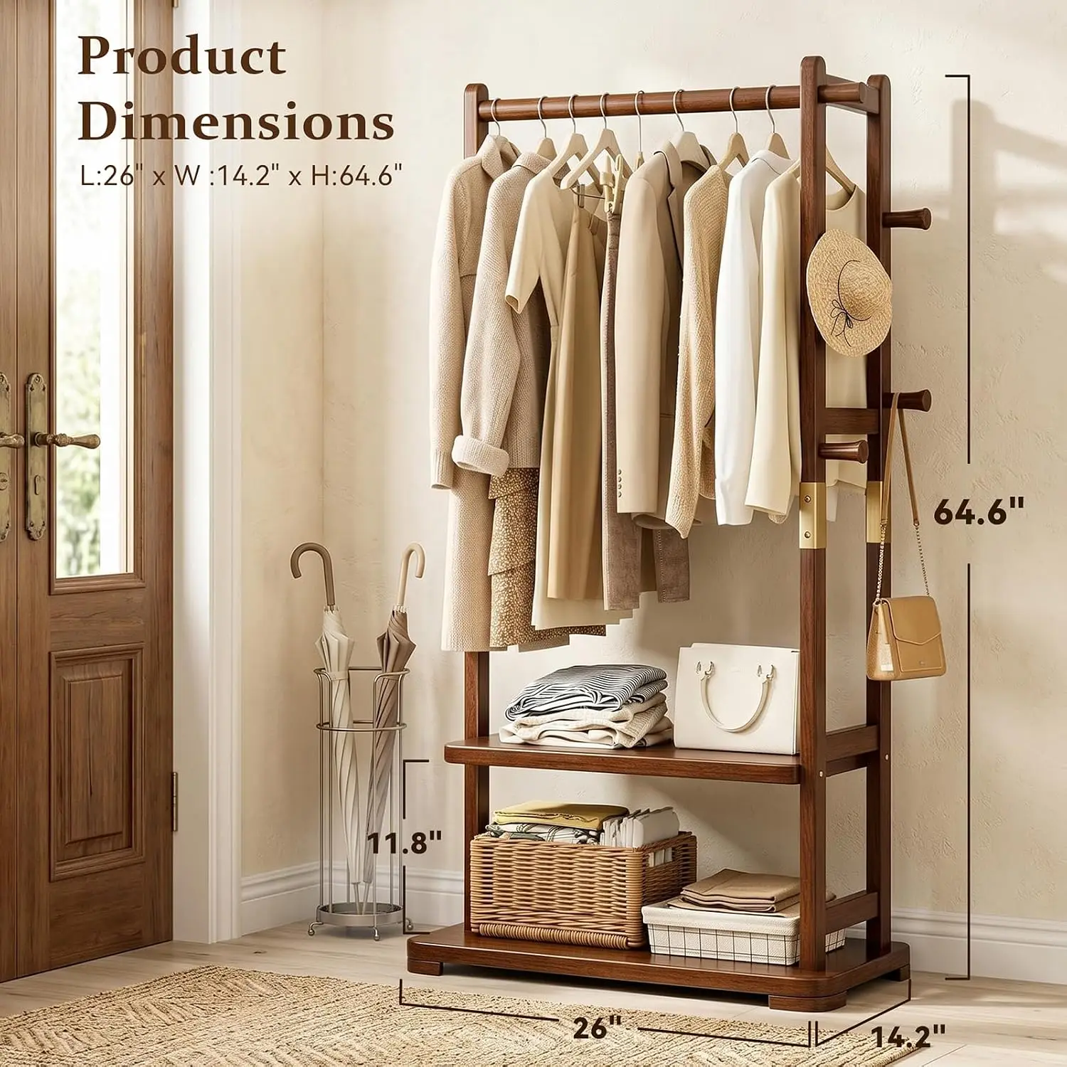 Coat Rack Solid Wood Clothes Rack with 2 Shelves & 5 Hooks ，Clothing Rack Heavy Duty Coat Rack Freestanding with Storage Hall Tree