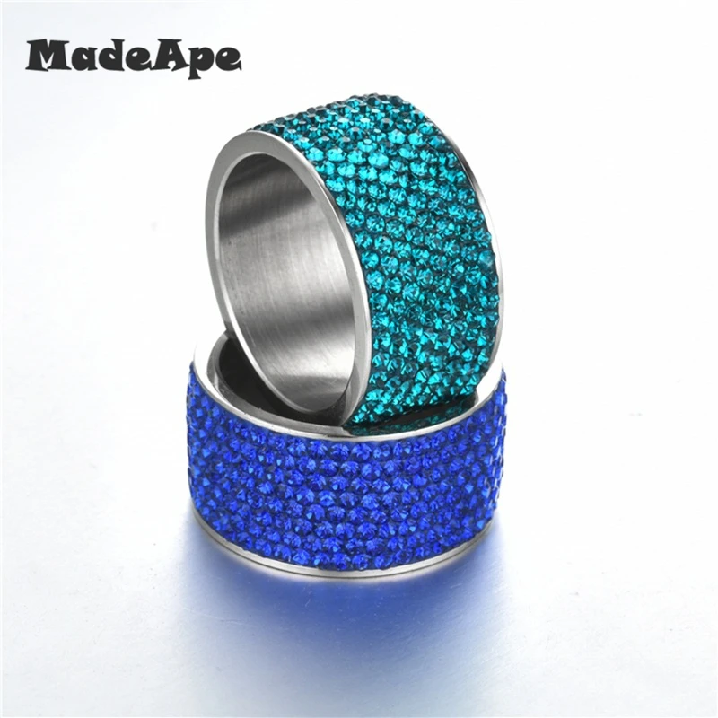 MadApe White Blue Red Green Zircon Wedding Rings For Women Stainless Steel 8 Row Crystal Cubic Zirconia Girl Jewelry