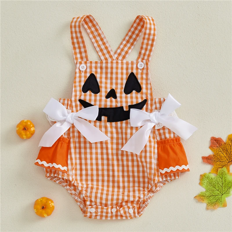 

Toddler Baby Girls Halloween Romper Casual Sleeveless Square Neck Pumpkin Plaid Printed Jumpsuit Fashion Infant Newborn Clothes