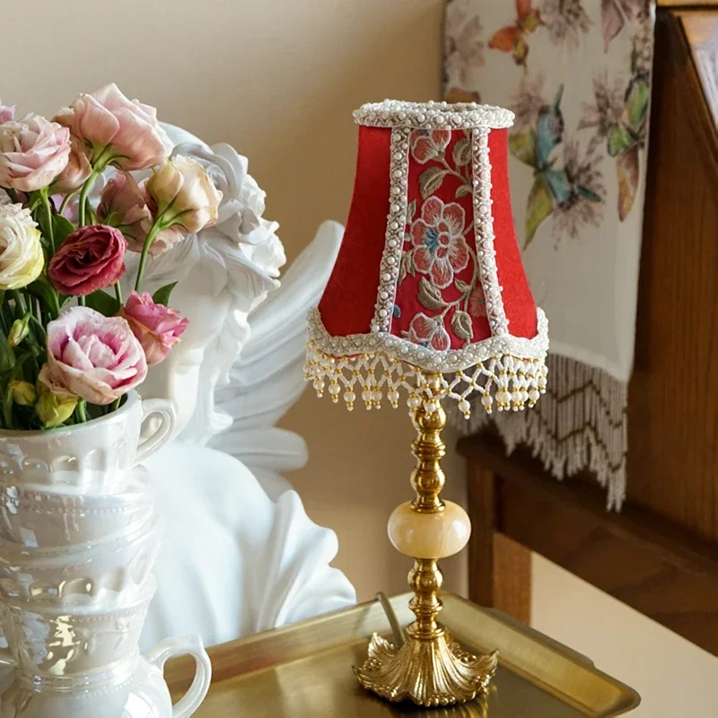 Red handmade fabric lampshade wedding gift national style vintage brass bedroom bedside atmosphere table lamp