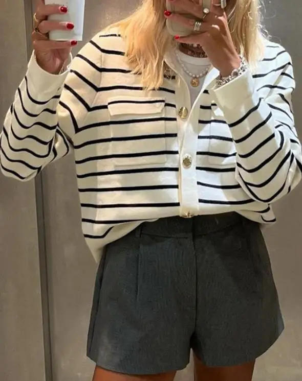 

2025 Autumn/winter Versatile Striped Shirt Jacket Sweater Women's Clothing