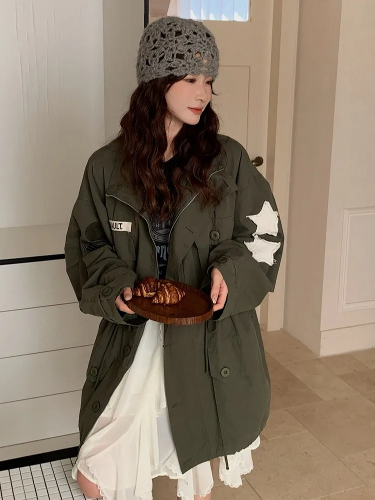 

Свободная длинная рабочая одежда Sve Jaet, женская осенне-зимняя новинка, топ с пятиконечной звездой и воротником-стойкой