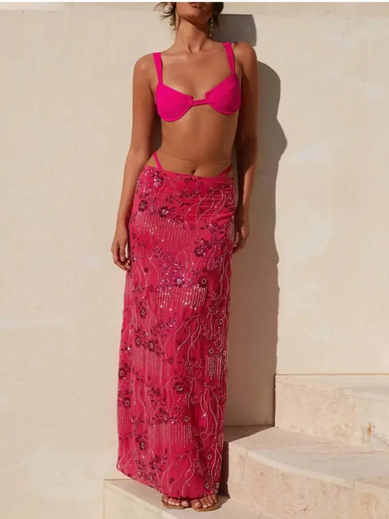 Seksowna długa spódnica z koralikami i cekinami, damska, jednolita, z niskim stanem, dopasowana, prosta, letnia, elegancka, idealna na wakacje na plaży, model JO6M