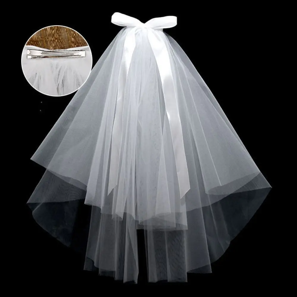 

Простая цветочная фата с жемчужным бантом, фата для свадьбы, двухслойная фата для невесты, марлевые аксессуары для головы невесты