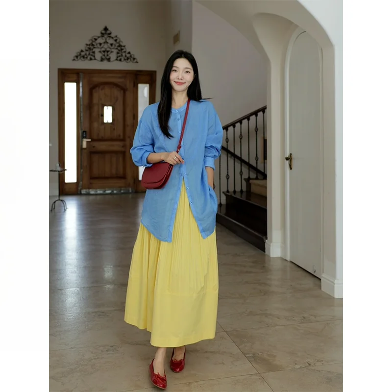 

Легкая струящаяся свободная хлопковая юбка с расклешенным подолом для ранней осени, новая универсальная модель, женский повседневный модный комплект