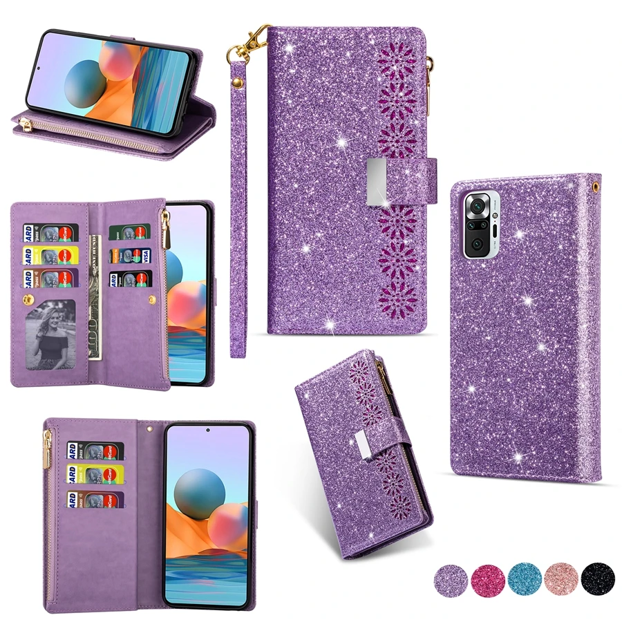 Wallte Glitter Leather Case For Xiaomi Redmi 10C 9A 9C Note 11S 11 Pro 10 Pro 9 Pro Poco C40 X4 GT M4 Pro F4 11T 12 Pro 12 Lite