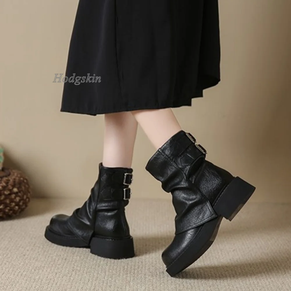 

Pleated Mid Calf Boots Elastic Band Belt Buckle Round Toe Women Boots Fashion Casual Party Autumn/spring 2024 New Arrivals Boots