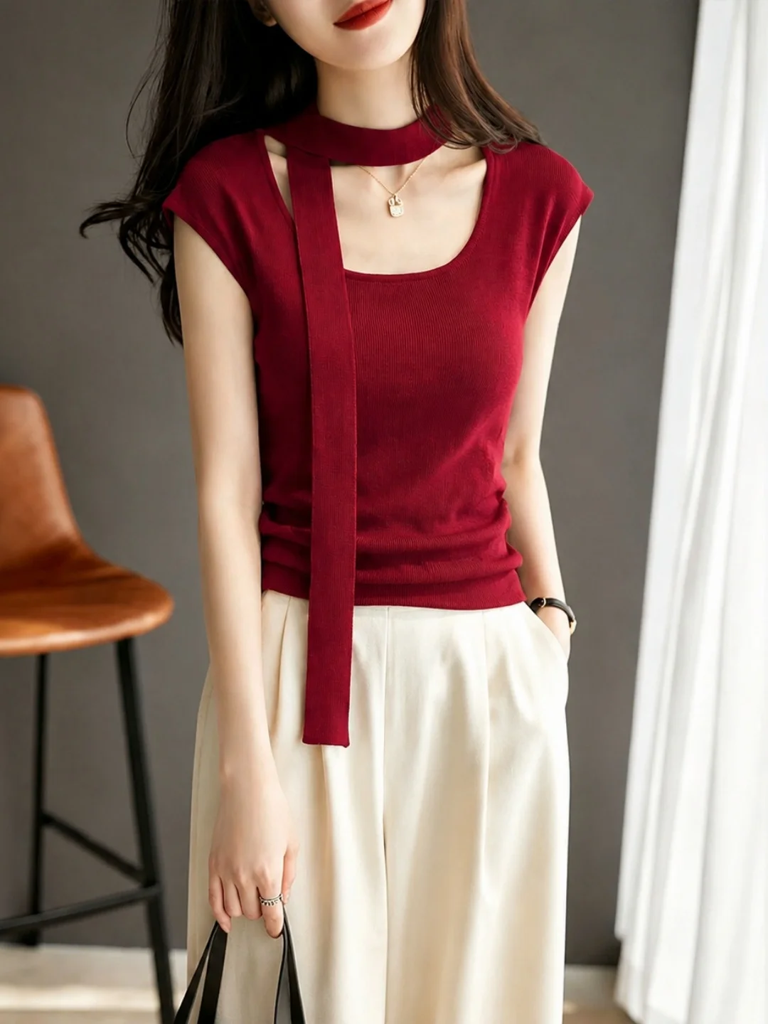 Korean Style Fashionable Knitted Top with Sash Slimming Design Unique Elegant New Arrival Autumn 2026 Silk Women's Top