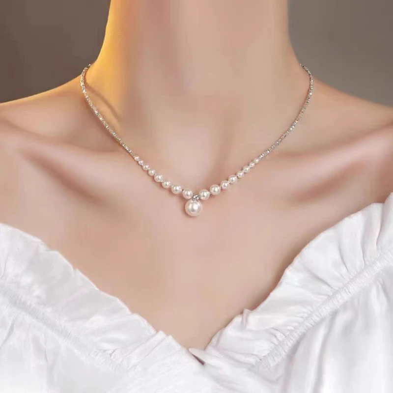 

Fashion Trend Unique Design Zircon Pearl Necklace for Women New Elegant Light Luxury Clavicle Chain Ladies Wedding Party Jewelry