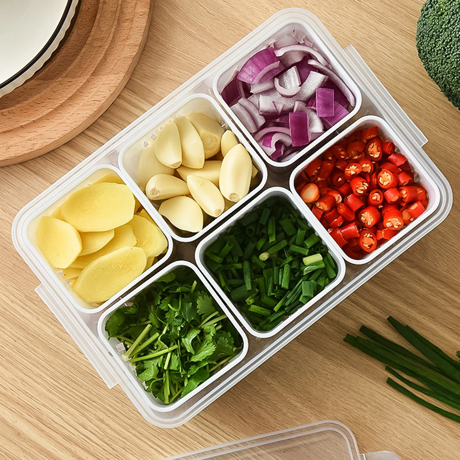 Fresh Produce Storage Container 6 Compartment Vegetable Fruit Keeper Airtight Drain Garlic Onion Box Refrigerator Food