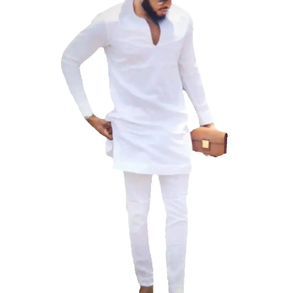 

Модные рубашки с v-образным вырезом и брюками, однотонные белые/черные комплекты брюк, мужские костюмы для жениха в стиле Senator, праздничная одежда, африканская кутюрная одежда