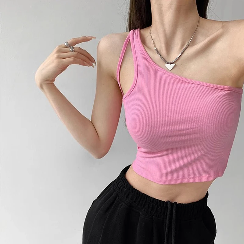 Single Shoulder Crop Tops Blusa Women Sleeveless Sexy Bandage T Shirt Top Fashion Black Lace Up Tank  knit Top