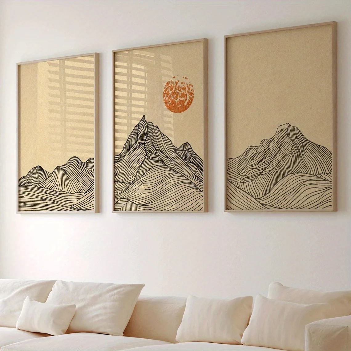 3 قطع من المناظر الطبيعية الجبلية الحديثة ثلاثية الإطار على الطراز الياباني مطبوعات فنية جدارية مع تصميم طبيعي تجريدي، مثالية لغرفة المعيشة