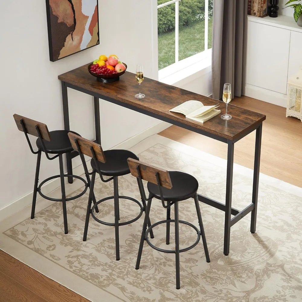 Bars Table with Stools - Long Bars Table Set with 3 PU Upholstered Bar Stools - Bar Table for Kitchen Table, Living Room