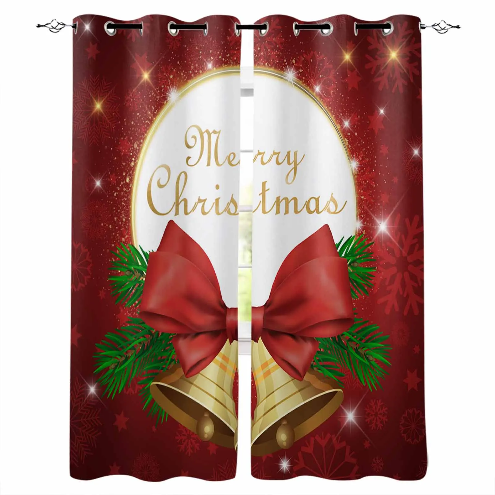 Christmas Bells Red Festival Window Curtain Made Finished Drapes Home Decor Kids Room Window Treatments Curtains