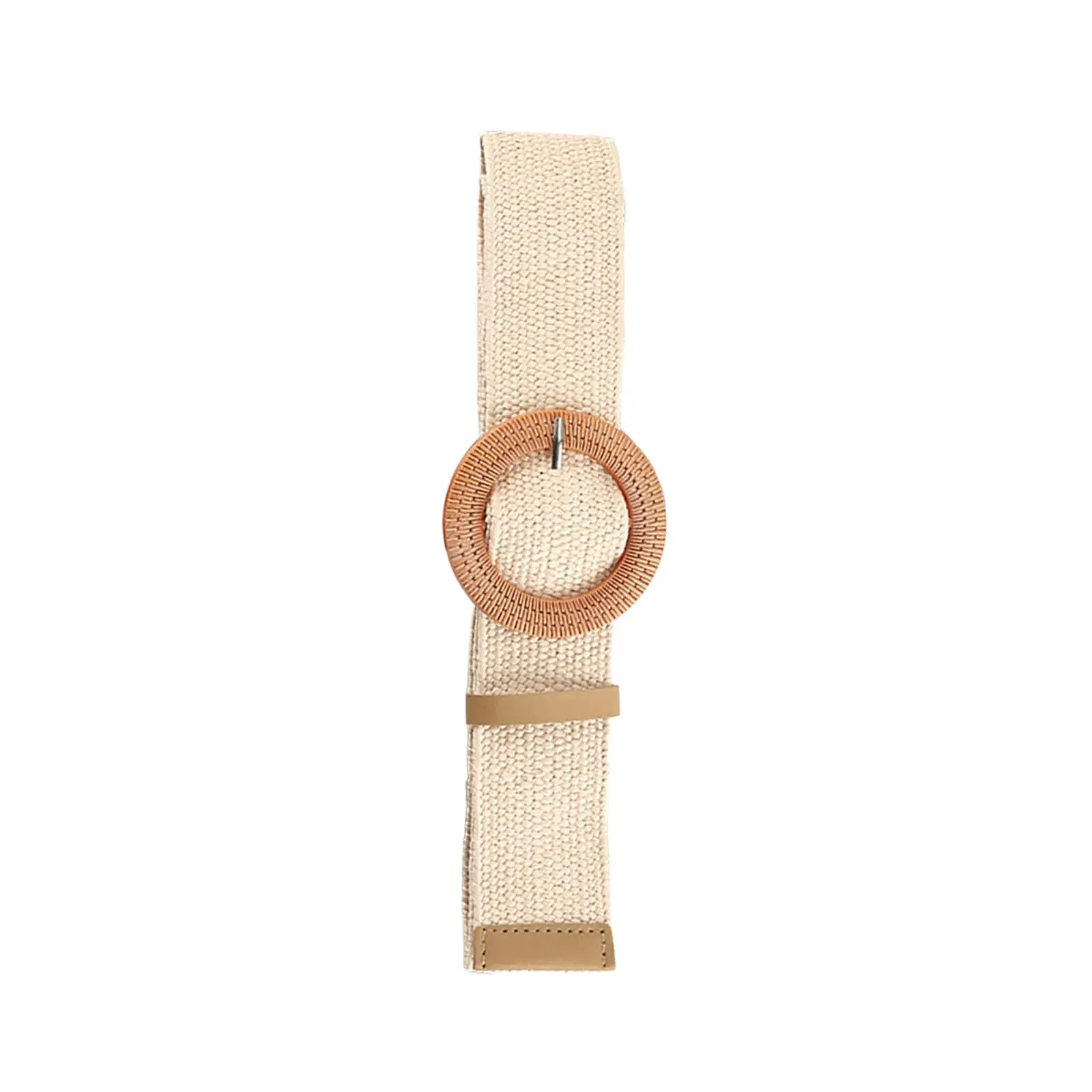 Women Straw Woven Elastic Stretch Waist Belt Skinny Dress Braided Waist Belt with Round Wooden Style Pin Buckle