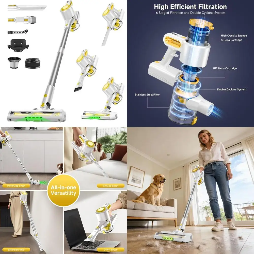 

Powerful Cordless Stick Vacuum, Lightweight 6-in-1 for Home with Rechargeable Battery, Anti-Tangle Brush, Ideal for Pet Hair and