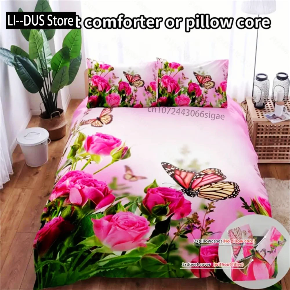 3-Piece Luxurious Pink Rose Butterfly Digital Print Duvet Cover Set - Ultra Soft, Comfortable, And Vibrant Design For Bedroom