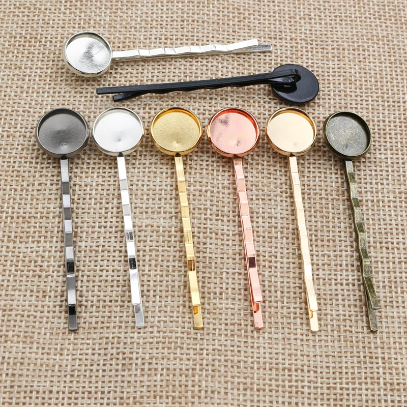 12mm 10pcs High Quality Classic 8 Colors Plated Copper Material Hairpin Hair Clips Hairpin Base Setting Cabochon Cameo