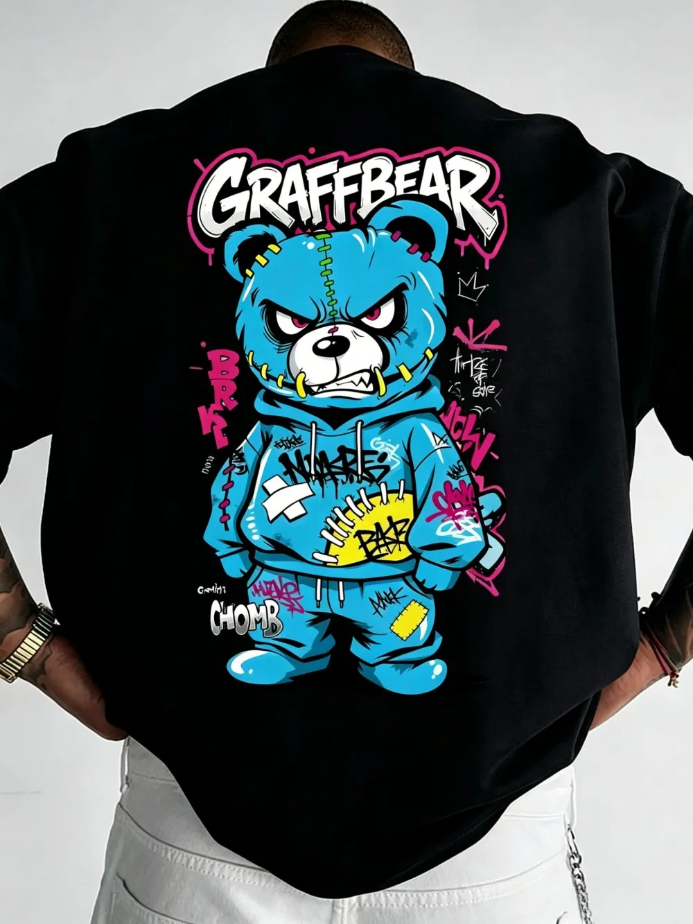 European and American men's summer trend angry teddy bear letter print soft and breathable round neck T-shirt outdoor street top