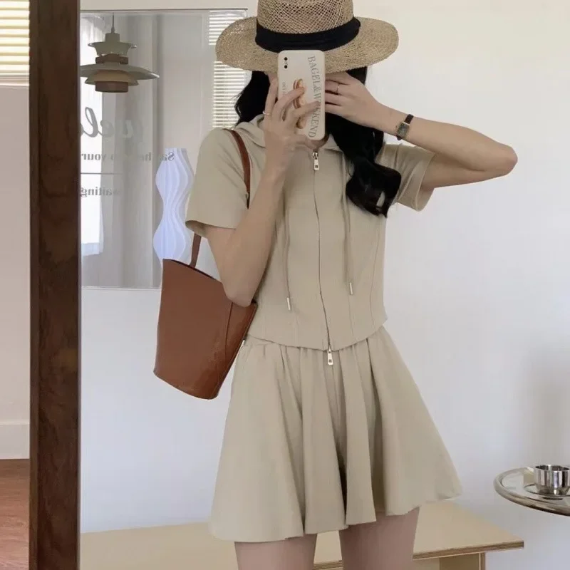 Summer New Fashionable Commuting Sensibility Hooded Double Zip Short Sleeves Top High-Waisted Slimming Pants Skirt 2-Piece Set F