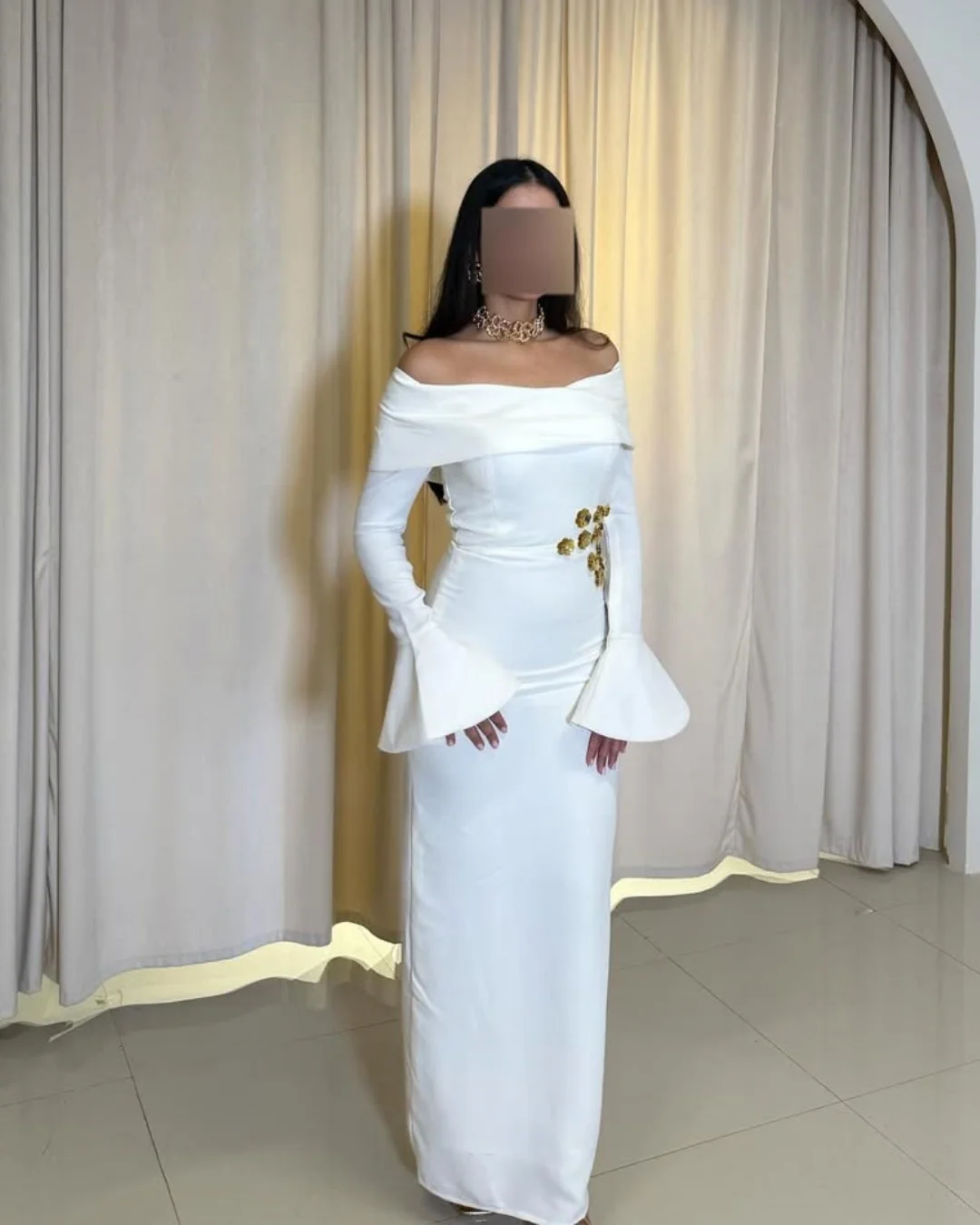 

Customized Mermaid Long Sleeves Prom Dresses Off The Shoulder Flowers Floor Length Formal Occasion Dress Evening Dresses