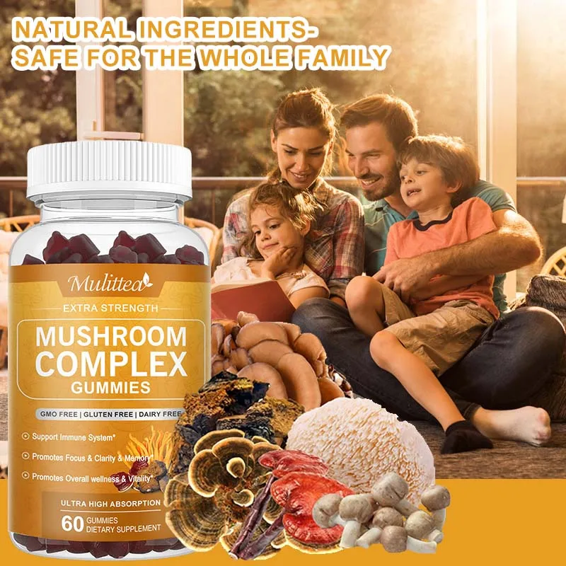 Mulittea High Absorption Mushroom Complex Supplements  with Lion\'s Mane Reishi Cordyceps Chaga Turkey Tail for Memory & Focus