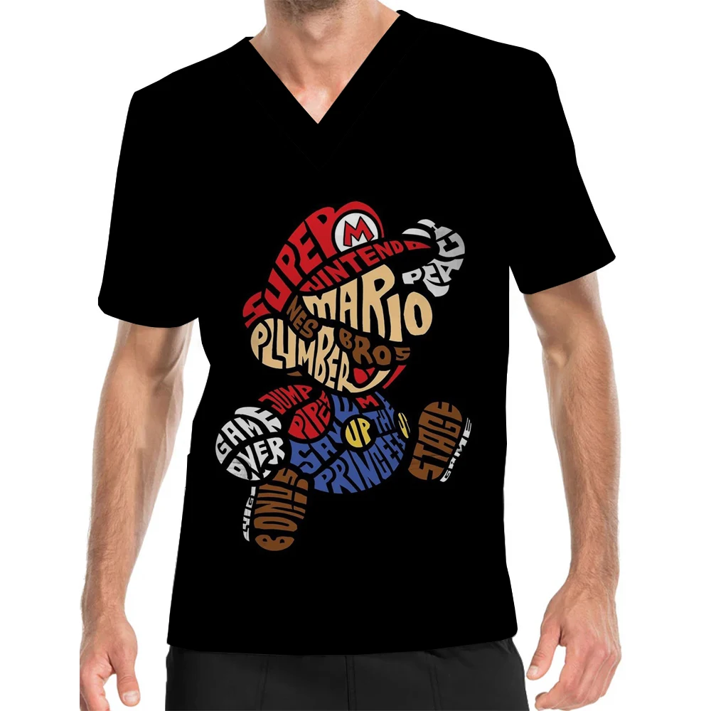 Zomer Nieuwe Cartoon Anime Super Mario Mannen En Vrouwen Werk Uniform V-hals Print Scrub Top Ziekenhuis Verpleegkundige Tandheelkundige t-shirt