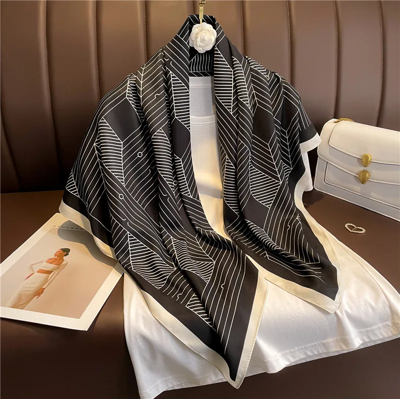 90x90CM Women New Summer Twill Silk Square Scarf Big Shawl Fashion Luxury Geometric Minimalist Print Design Headscarf Scarves