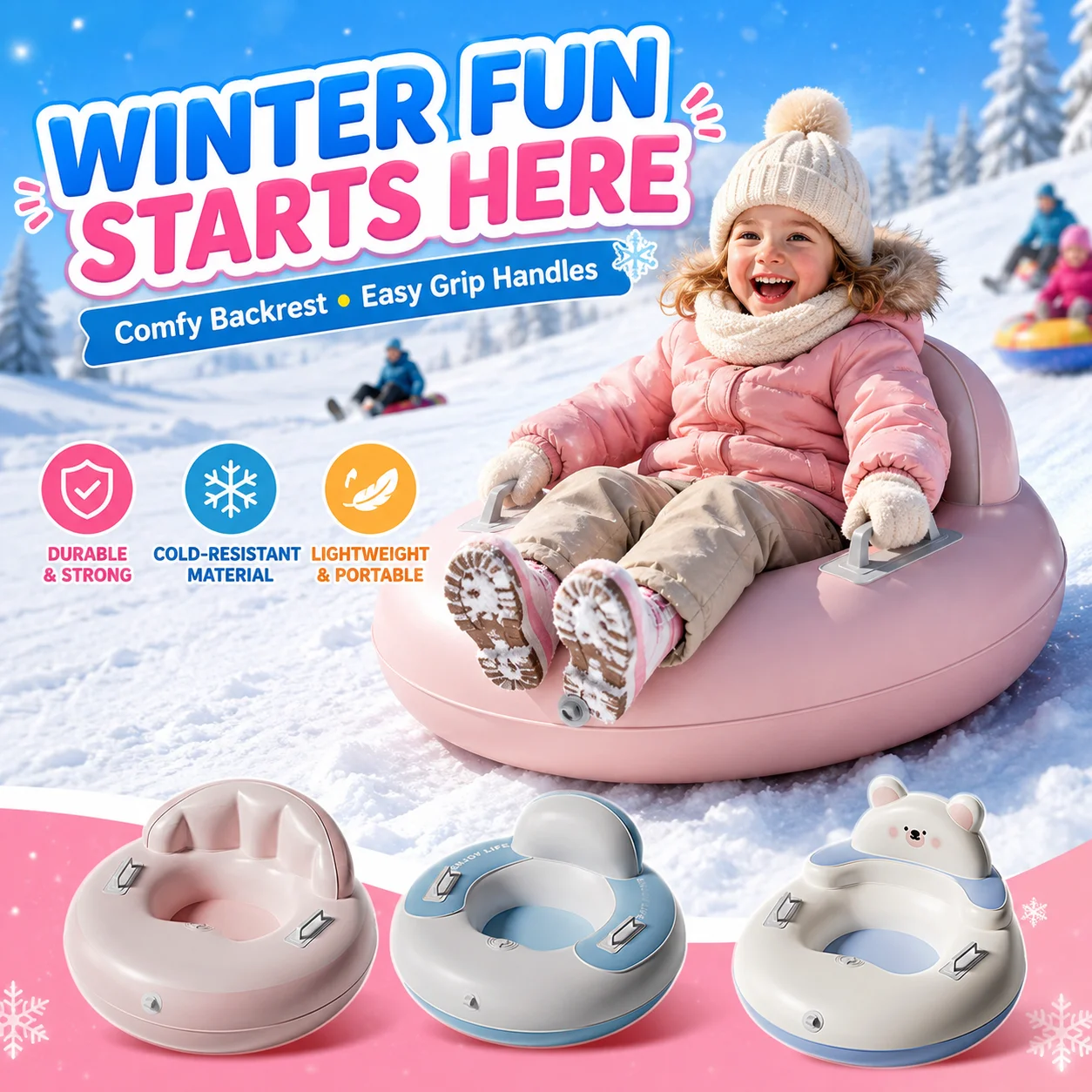 1PC Inflatable Snow Tube with Backrest & Handles, Winter Sledding Tube Snow Slider Outdoor Skiing Toy for Snow Play