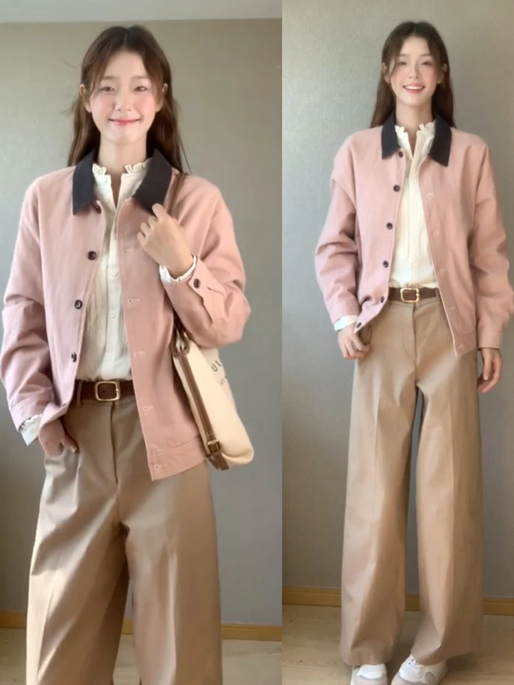 

Early Autumn Unique ort Cute Jaet Women's Korean Sle Flip Collar Pink Top Loose Fit Long Sve Polyester Fiber Coat